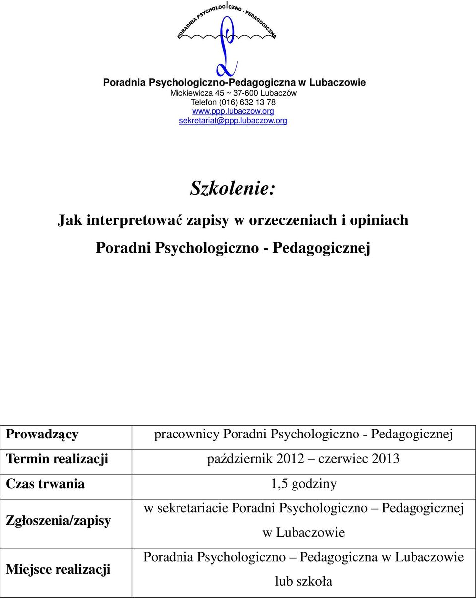 październik 2012 czerwiec 2013 Czas trwania 1,5 godziny w sekretariacie Poradni