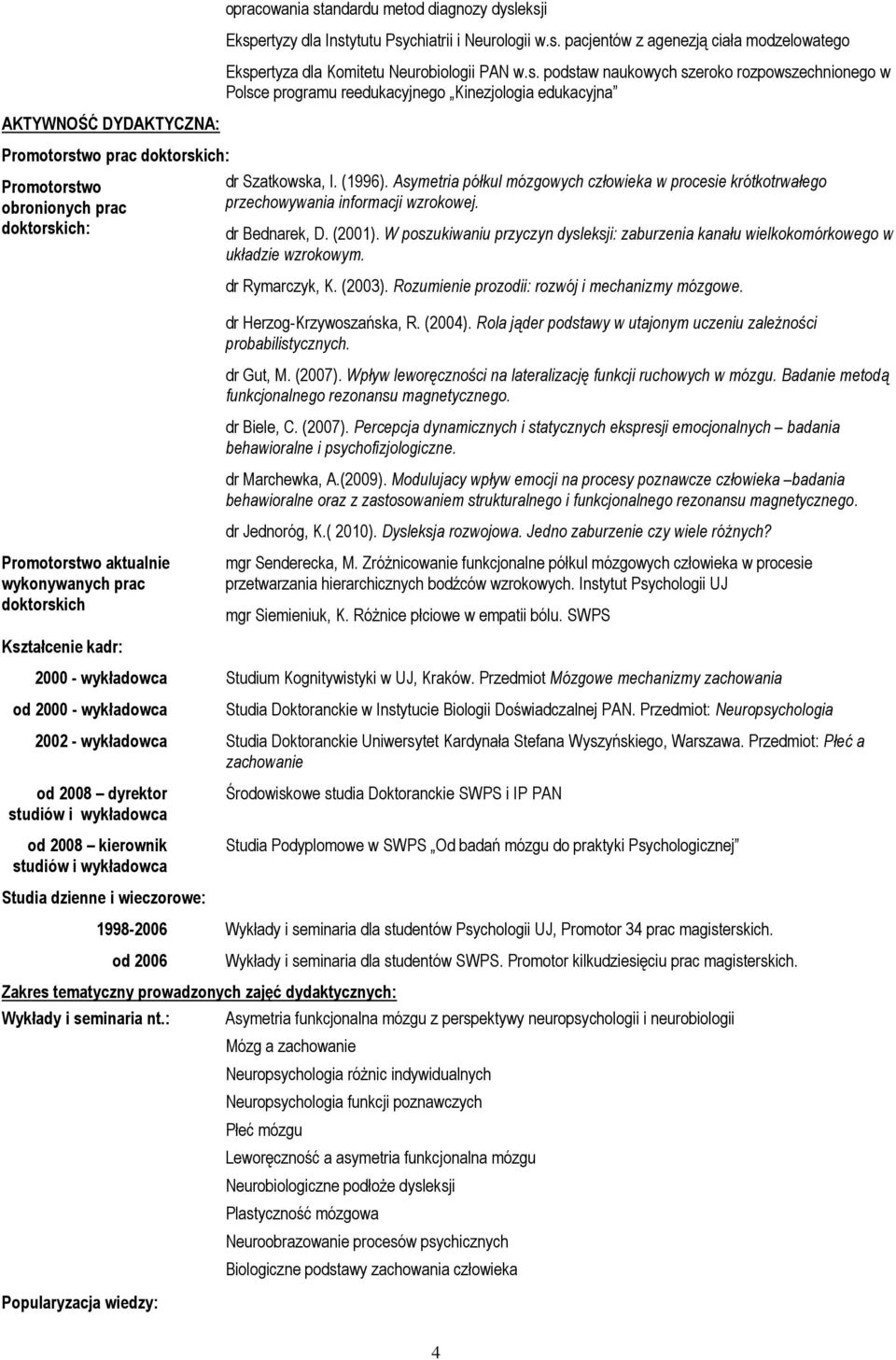 eksji Ekspertyzy dla Instytutu Psychiatrii i Neurologii w.s. pacjentów z agenezją ciała modzelowatego Ekspertyza dla Komitetu Neurobiologii PAN w.s. podstaw naukowych szeroko rozpowszechnionego w