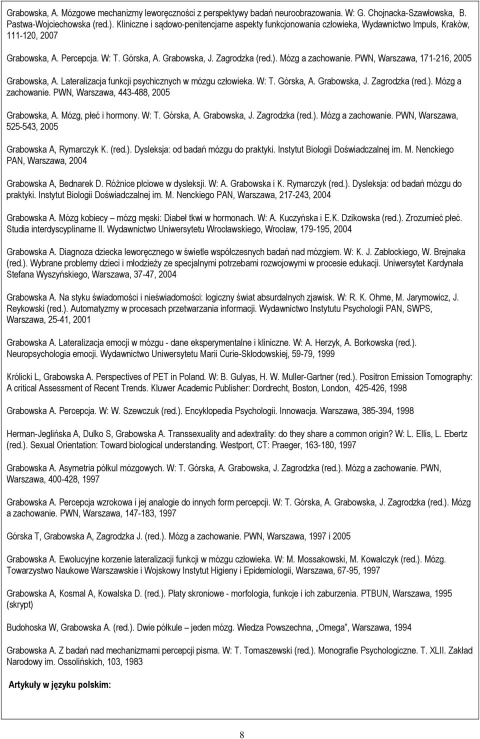 Mózg a zachowanie. PWN, Warszawa, 171-216, 2005 Grabowska, A. Lateralizacja funkcji psychicznych w mózgu człowieka. W: T. Górska, A. Grabowska, J. Zagrodzka (red.). Mózg a zachowanie.