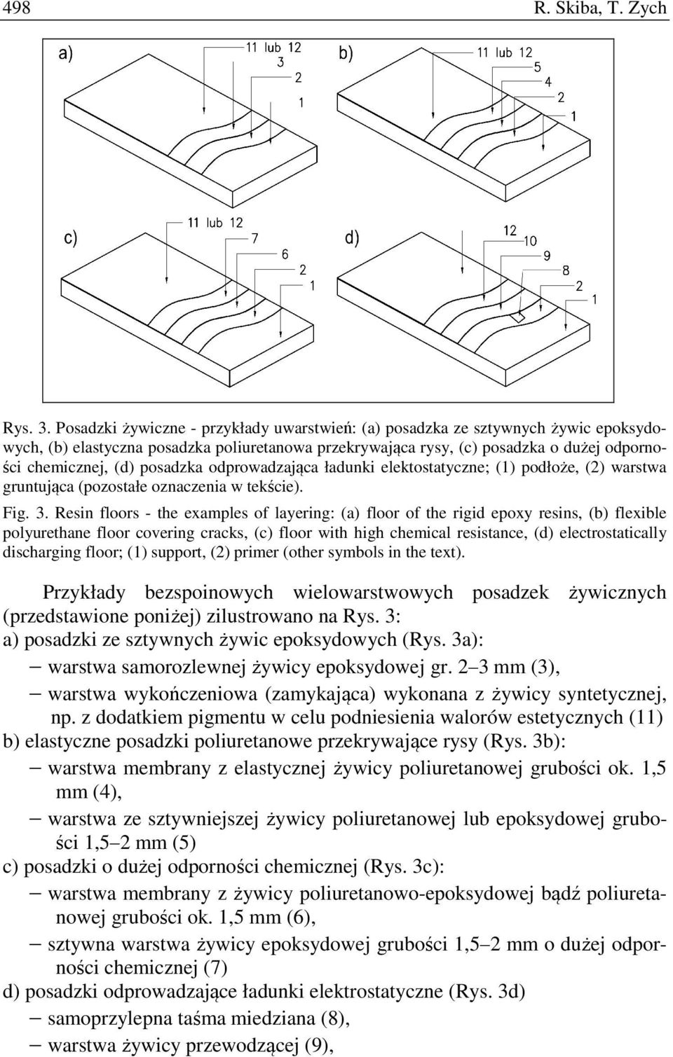 posadzka odprowadzająca ładunki elektostatyczne; (1) podłoże, (2) warstwa gruntująca (pozostałe oznaczenia w tekście). Fig. 3.