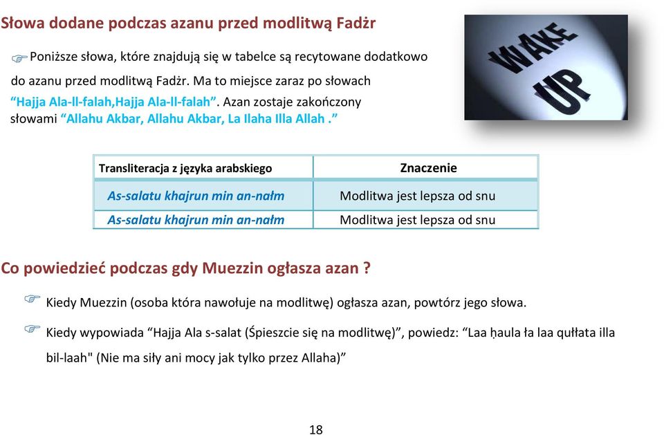 Transliteracja z języka arabskiego Znaczenie As-salatu khajrun min an-nałm Modlitwa jest lepsza od snu As-salatu khajrun min an-nałm Modlitwa jest lepsza od snu Co powiedzieć podczas gdy