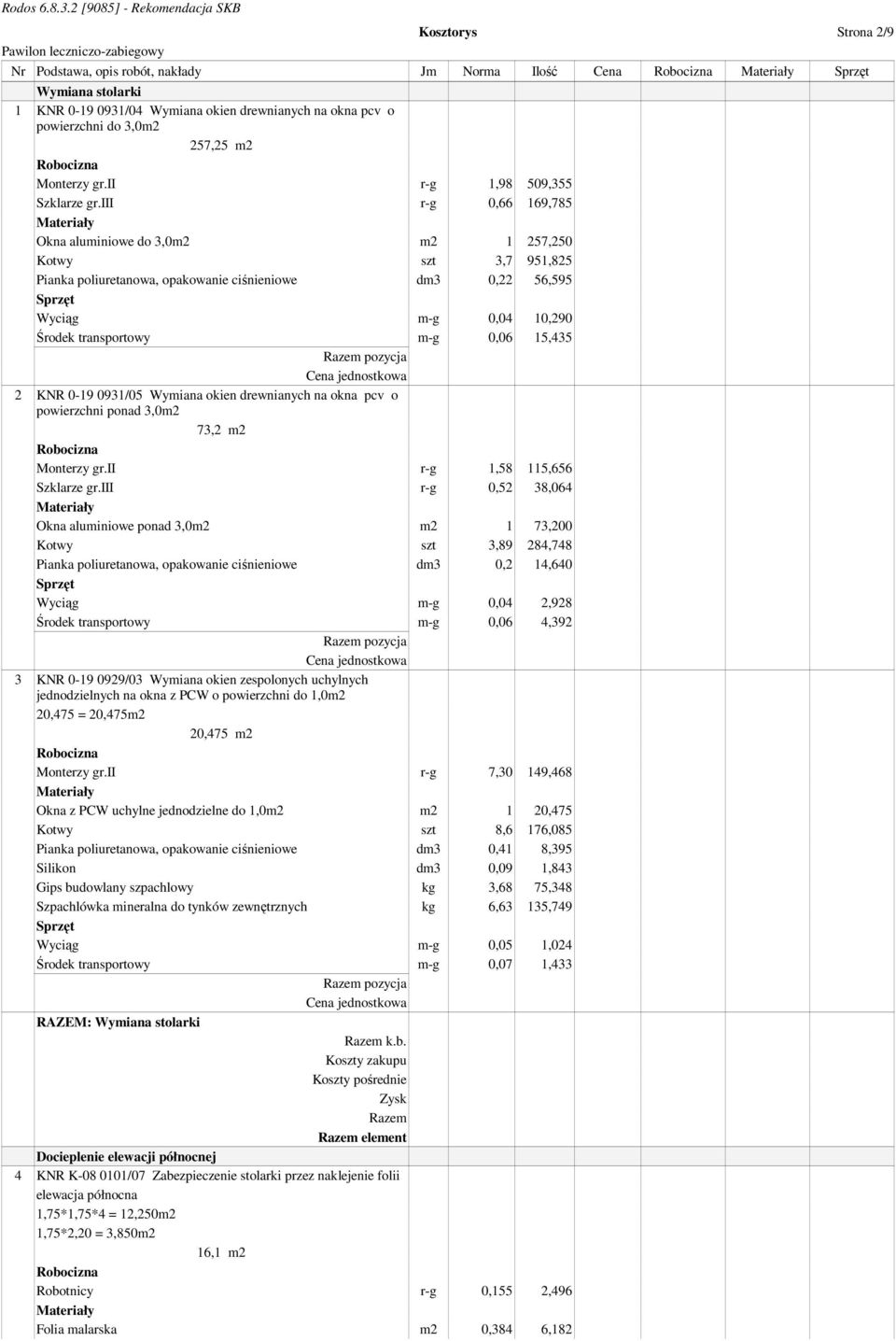 iii r-g 0,66 169,785 Okna aluminiowe do 3,0m2 m2 1 257,250 Kotwy szt 3,7 951,825 Pianka poliuretanowa, opakowanie ciśnieniowe dm3 0,22 56,595 Wyciąg m-g 0,04 10,290 Środek transportowy m-g 0,06