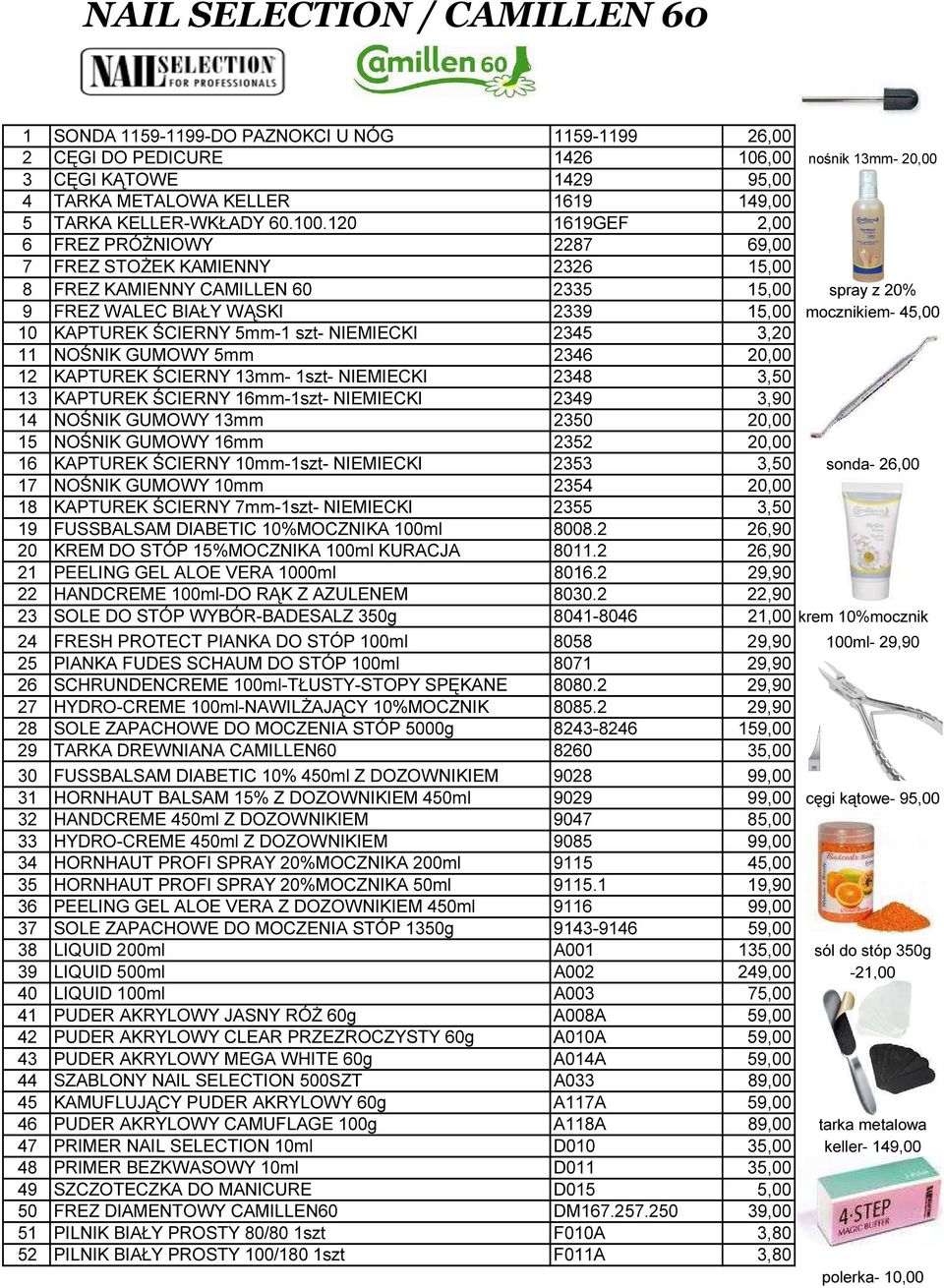 120 1619GEF 2,00 6 FREZ PRÓŻNIOWY 2287 69,00 7 FREZ STOŻEK KAMIENNY 2326 15,00 8 FREZ KAMIENNY CAMILLEN 60 2335 15,00 spray z 20% 9 FREZ WALEC BIAŁY WĄSKI 2339 15,00 mocznikiem- 45,00 10 KAPTUREK