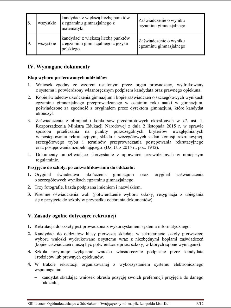 gimnazjalnego Zaświadczenie o wyniku egzaminu gimnazjalnego IV. Wymagane dokumenty Etap wyboru preferowanych oddziałów: 1.