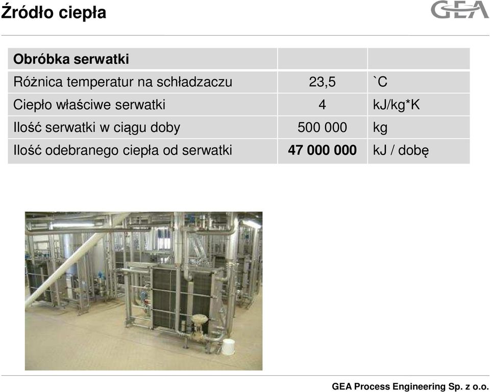 kj/kg*k Ilość serwatki w ciągu doby 500 000 kg