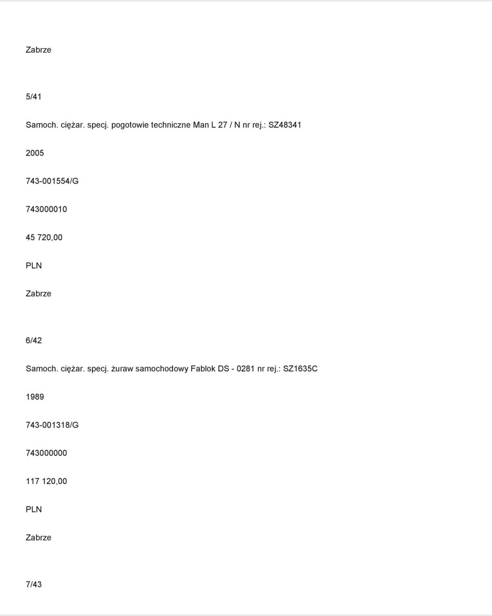 : SZ48341 2005 743-001554/G 743000010 45 720,00 6/42 Samoch.