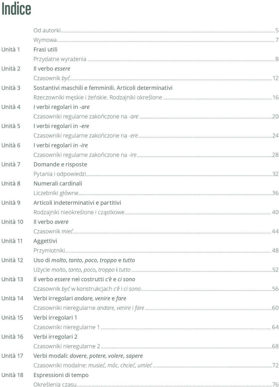 ..20 Unità 5 I verbi regolari in -ere Czasowniki regularne zakończone na -ere...24 Unità 6 I verbi regolari in -ire Czasowniki regularne zakończone na -ire.