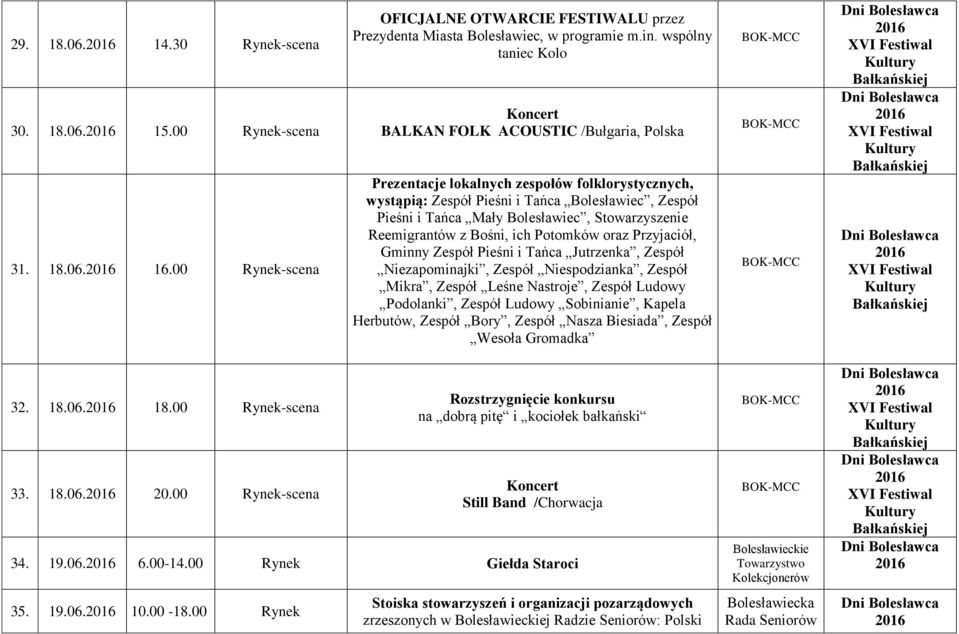 Bolesławiec, Stowarzyszenie Reemigrantów z Bośni, ich Potomków oraz Przyjaciół, Gminny Zespół Pieśni i Tańca Jutrzenka, Zespół Niezapominajki, Zespół Niespodzianka, Zespół Mikra, Zespół Leśne