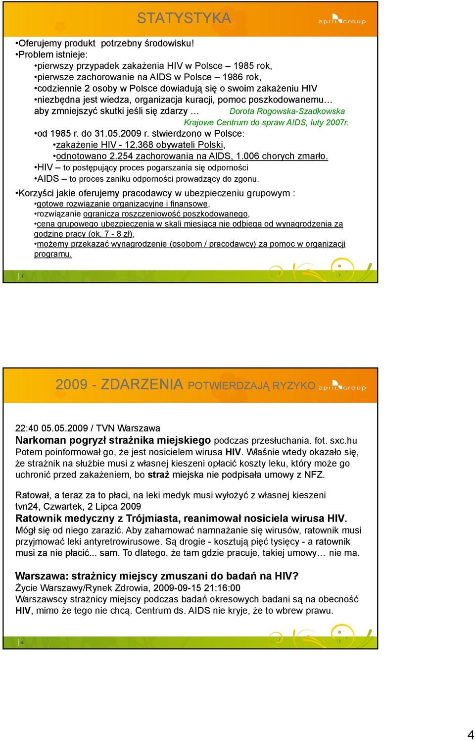 wiedza, organizacja kuracji, pomoc poszkodowanemu aby zmniejszyć skutki jeśli się zdarzy Dorota Rogowska-Szadkowska Krajowe Centrum do spraw AIDS, luty 2007r. od 1985 r. do 31.05.2009 r.