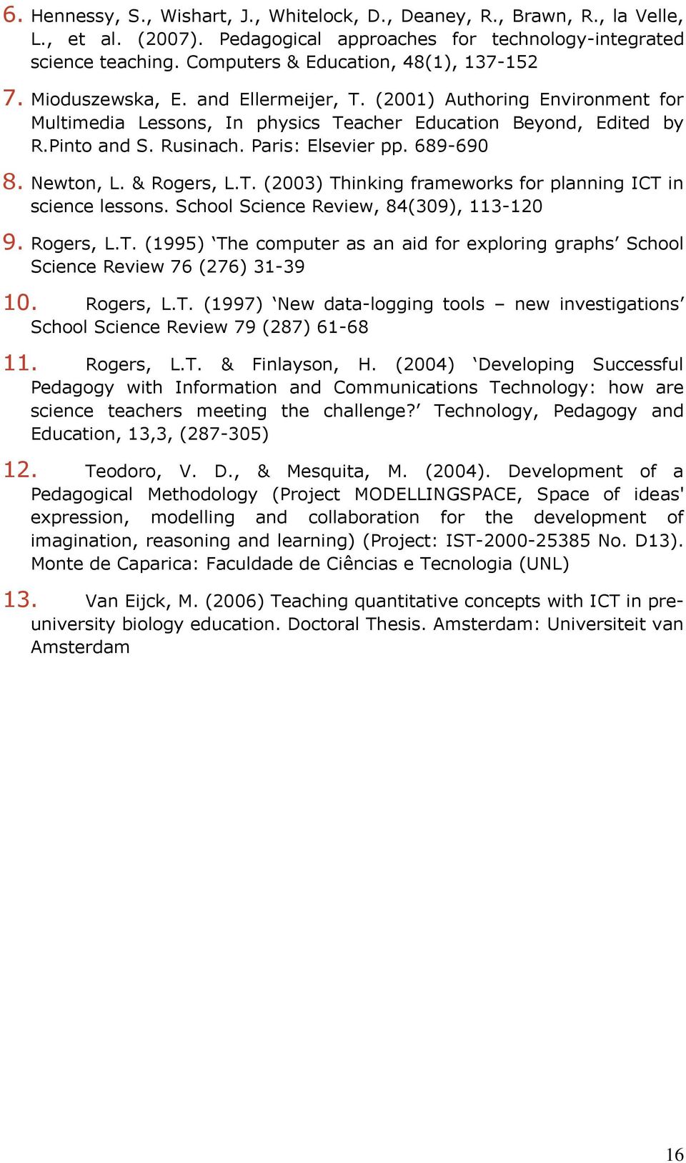 Rusinach. Paris: Elsevier pp. 689-690 8. Newton, L. & Rogers, L.T. (2003) Thinking frameworks for planning ICT in science lessons. School Science Review, 84(309), 113-120 9. Rogers, L.T. (1995) The computer as an aid for exploring graphs School Science Review 76 (276) 31-39 10.