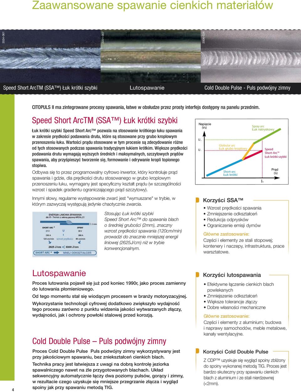 Speed Short ArcTM (SSA ) Łuk krótki szybki Łuk krótki szybki Speed Short Arc pozwala na stosowanie krótkiego łuku spawania w zakresie prędkości podawania drutu, które są stosowane przy grubo