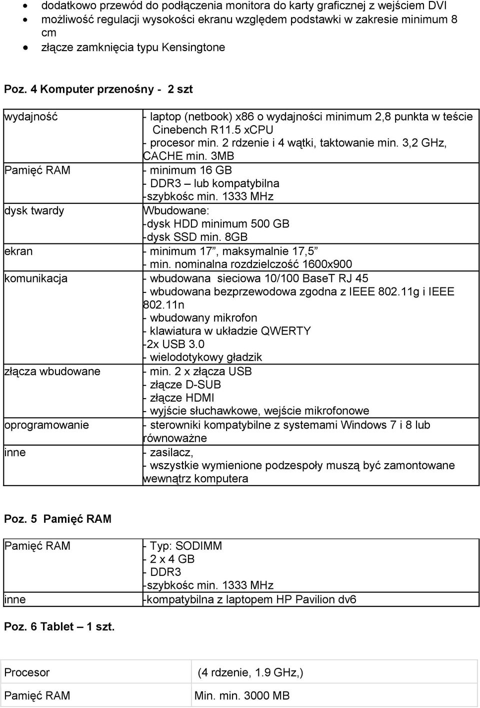3,2 GHz, CACHE min. 3MB - minimum 16 GB - DDR3 lub kompatybilna -szybkośc min. 1333 MHz Wbudowane: -dysk HDD minimum 500 GB -dysk SSD min. 8GB ekran - minimum 17, maksymalnie 17,5 - min.