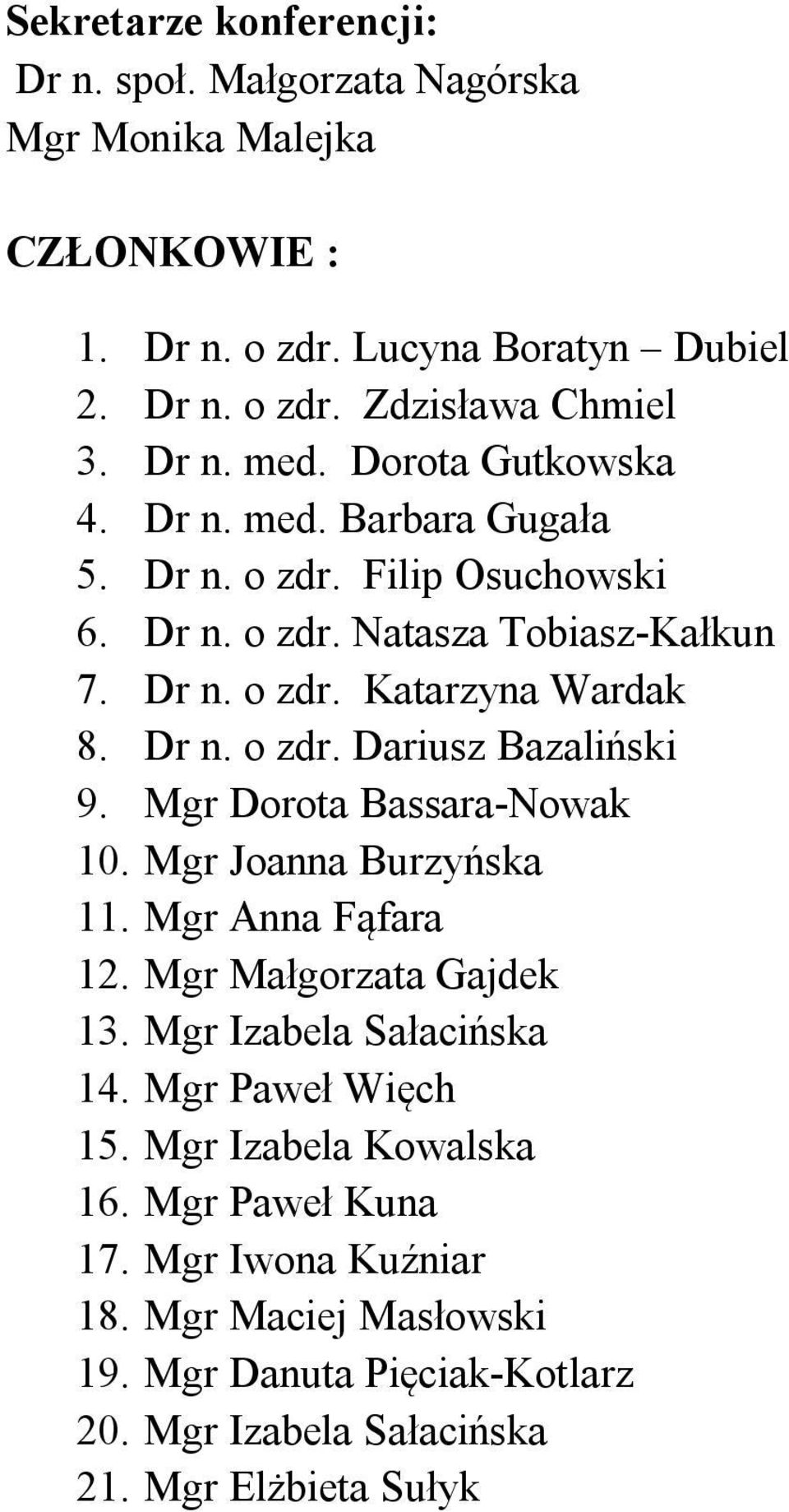 Mgr Dorota Bassara-Nowak 10. Mgr Joanna Burzyńska 11. Mgr Anna Fąfara 12. Mgr Małgorzata Gajdek 13. Mgr Izabela Sałacińska 14. Mgr Paweł Więch 15.