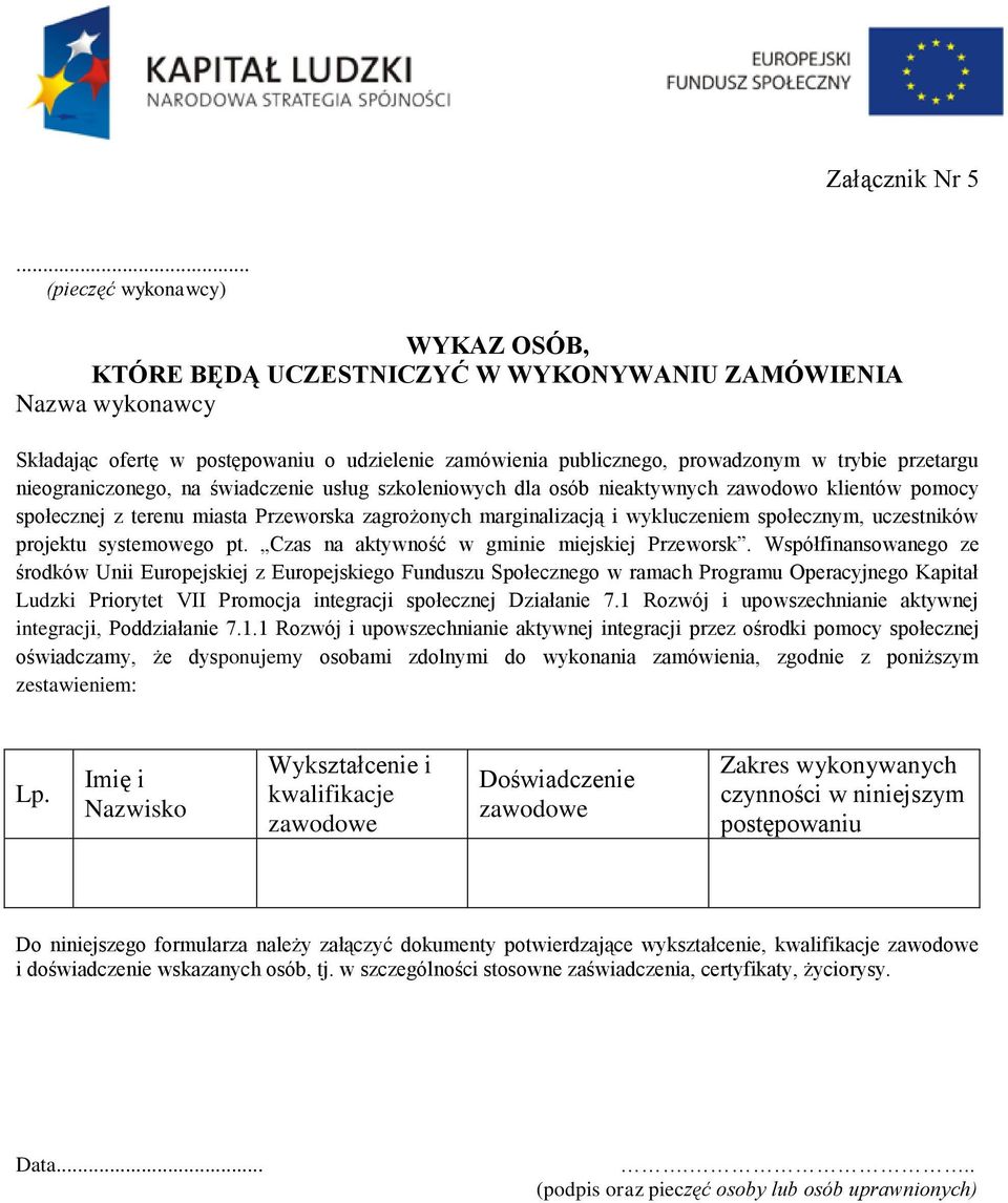 nieograniczonego, na świadczenie usług szkoleniowych dla osób nieaktywnych zawodowo klientów pomocy społecznej z terenu miasta Przeworska zagrożonych marginalizacją i wykluczeniem społecznym,