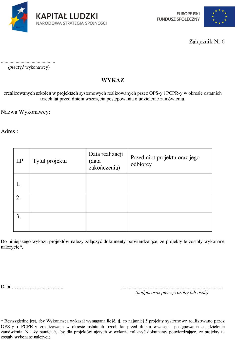 Nazwa Wykonawcy: Adres : LP Tytuł projektu Data realizacji (data zakończenia) Przedmiot projektu oraz jego odbiorcy 1. 2. 3.