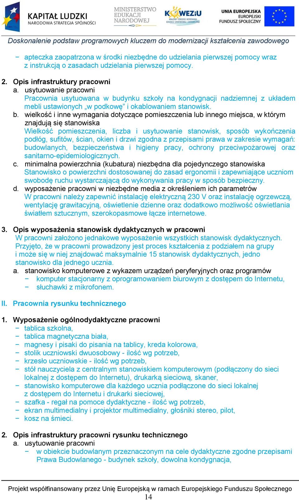 dynku szkoły na kondygnacji nadziemnej z układem mebli ustawionych w podkowę i okablowaniem stanowisk. b.