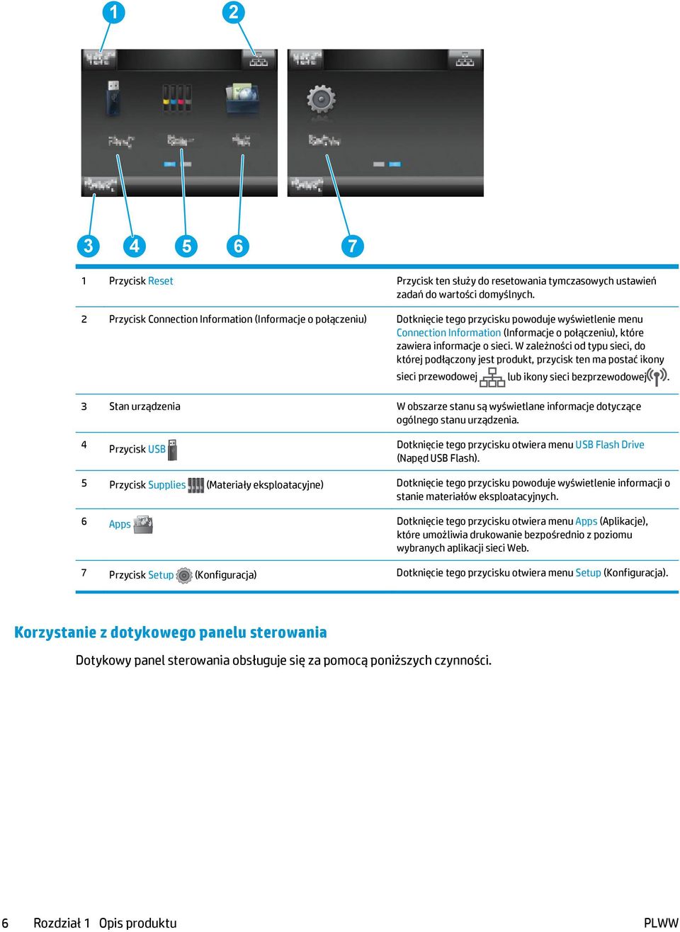 W zależności od typu sieci, do której podłączony jest produkt, przycisk ten ma postać ikony sieci przewodowej lub ikony sieci bezprzewodowej.