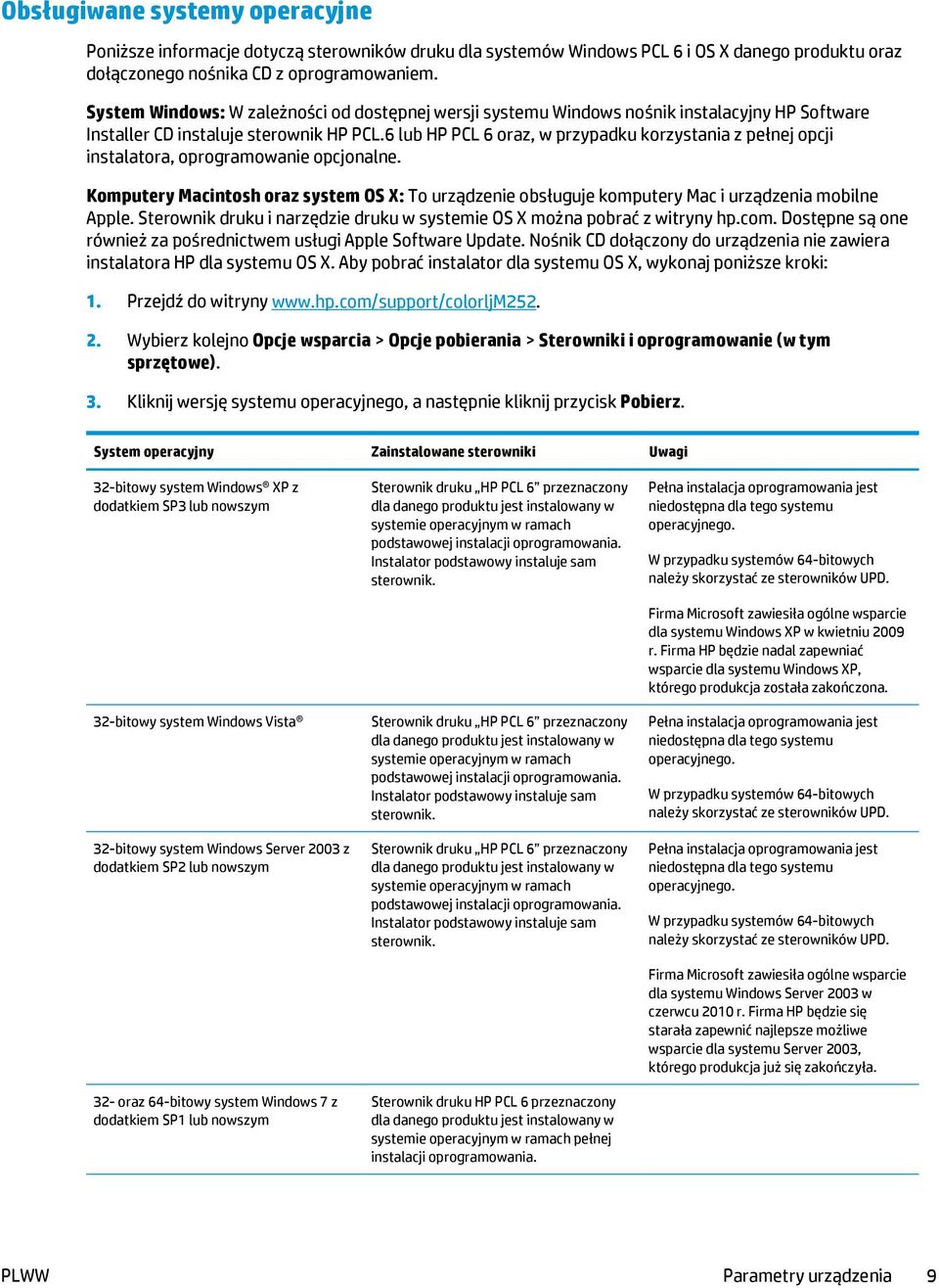 6 lub HP PCL 6 oraz, w przypadku korzystania z pełnej opcji instalatora, oprogramowanie opcjonalne.