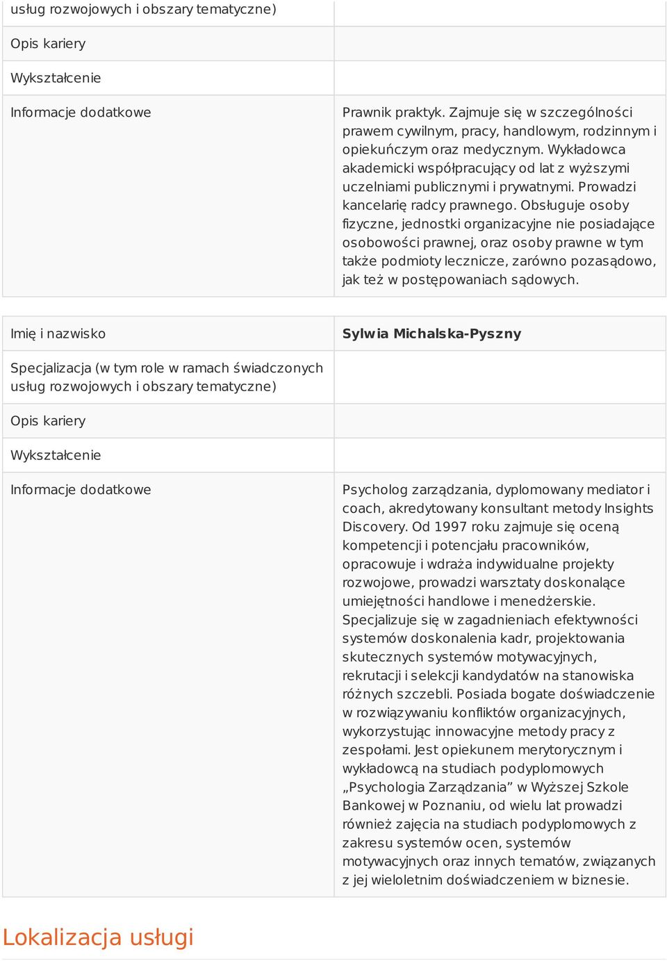 Obsługuje osoby fizyczne, jednostki organizacyjne nie posiadające osobowości prawnej, oraz osoby prawne w tym także podmioty lecznicze, zarówno pozasądowo, jak też w postępowaniach sądowych.