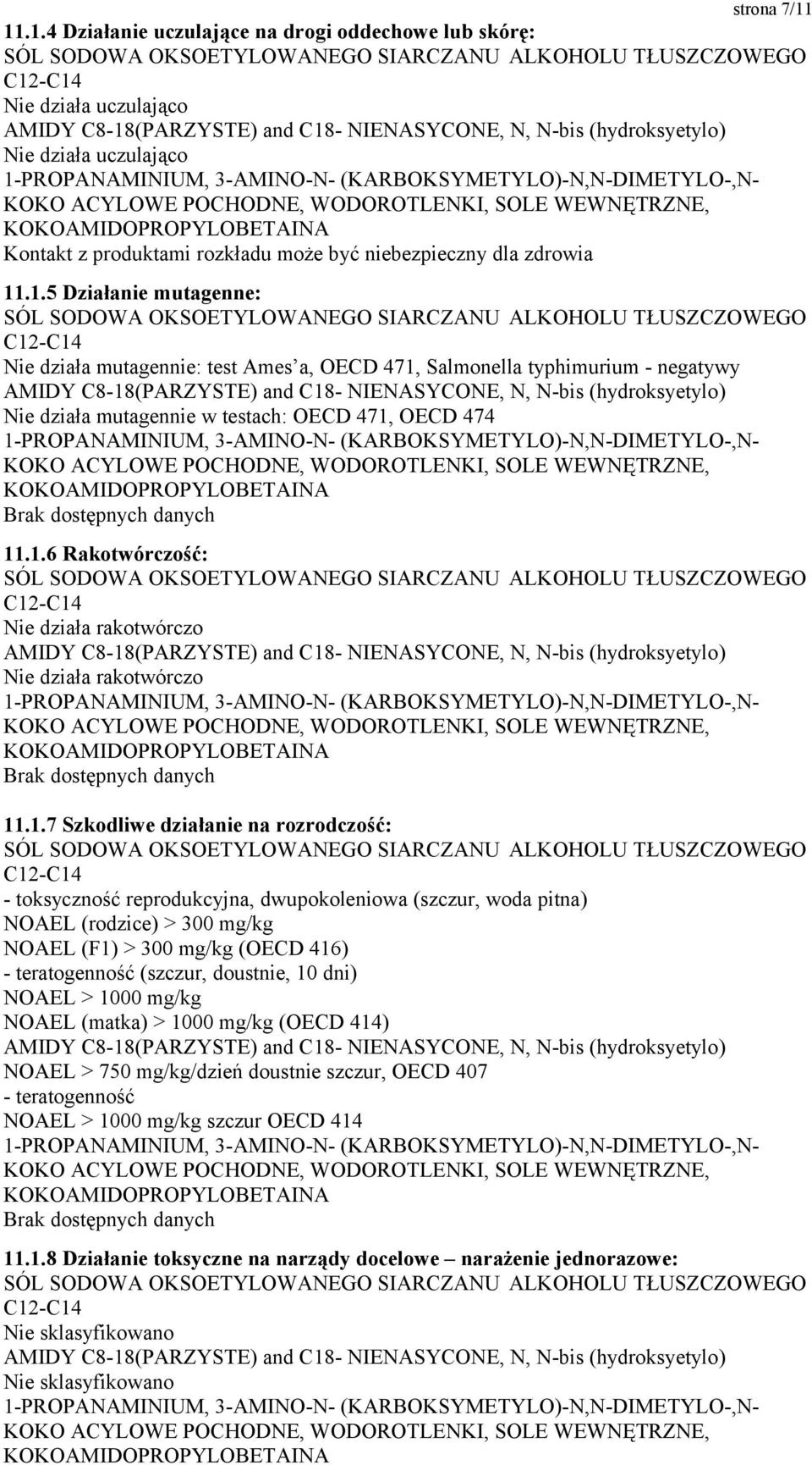 mg/kg NOAEL (F1) > 300 mg/kg (OECD 416) - teratogenność (szczur, doustnie, 10 dni) NOAEL > 1000 mg/kg NOAEL (matka) > 1000 mg/kg (OECD 414) NOAEL > 750 mg/kg/dzień doustnie szczur, OECD 407 -