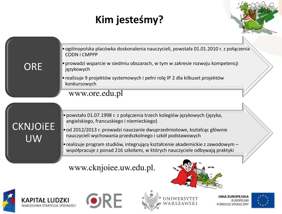 projektów konkursowych www.ore.edu.pl CKNJOiEE UW powstało 01.07.1998 r. z połączenia trzech kolegiów językowych (języka, angielskiego, francuskiego i niemieckiego) od 2012/2013 r.