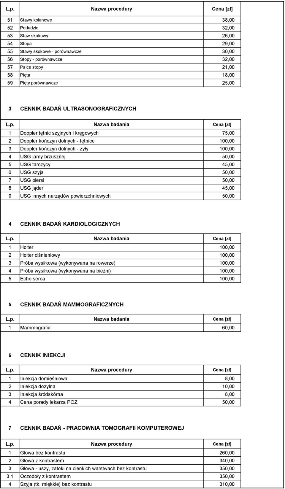 żyły 100,00 4 USG jamy brzusznej 50,00 5 USG tarczycy 45,00 6 USG szyja 50,00 7 USG pi