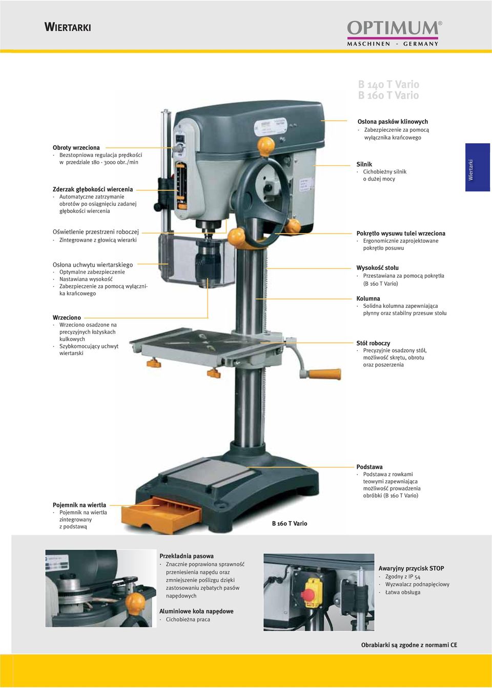 Cichobieżny silnik o dużej mocy Wiertarki Oświetlenie przestrzeni roboczej Zintegrowane z głowicą wierarki Pokrętło wysuwu tulei wrzeciona Ergonomicznie zaprojektowane pokrętło posuwu Osłona uchwytu