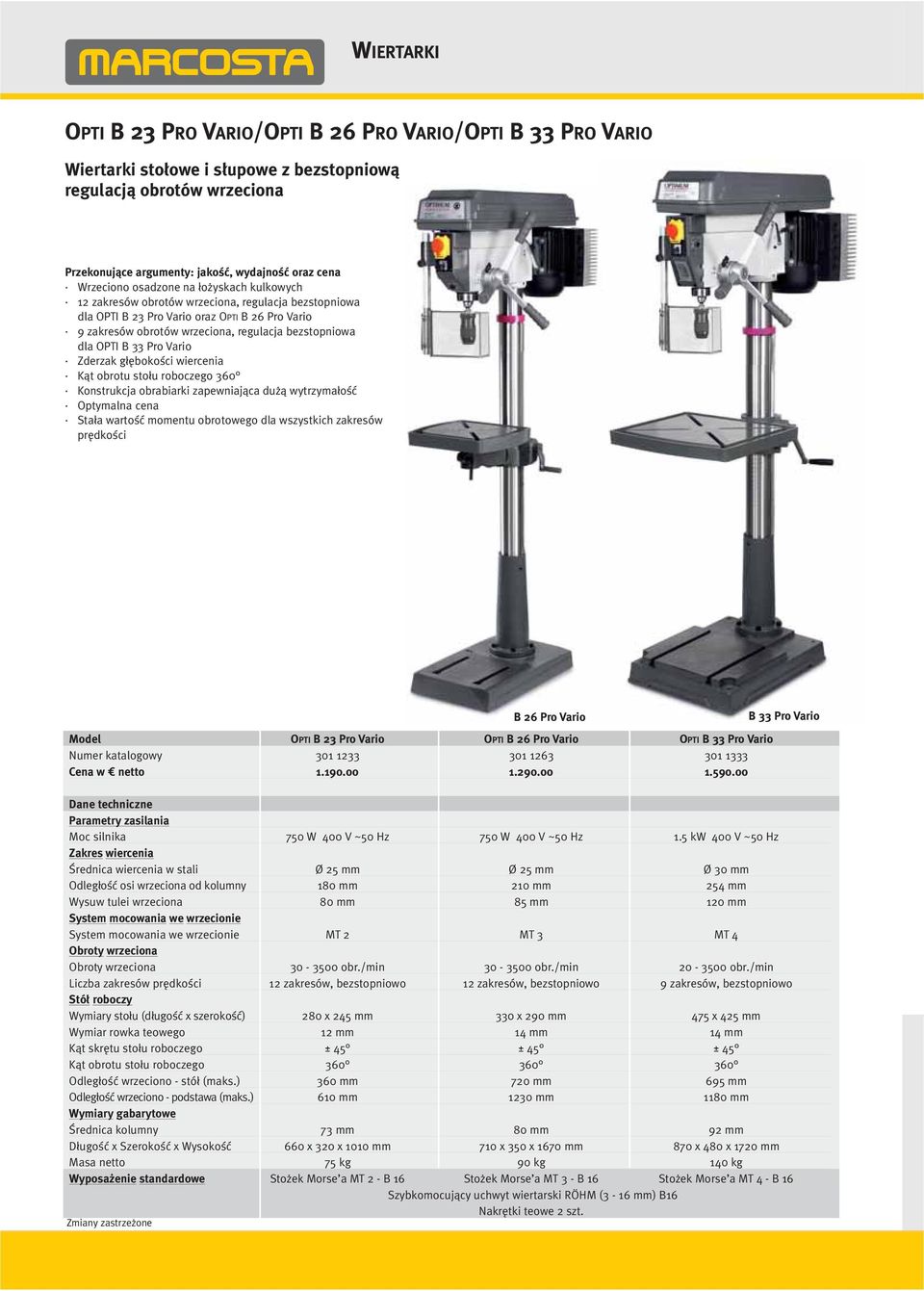 dla OPTI B 33 Pro Vario Zderzak głębokości wiercenia Kąt obrotu stołu roboczego 360 Konstrukcja obrabiarki zapewniająca dużą wytrzymałość Optymalna cena Stała wartość momentu obrotowego dla