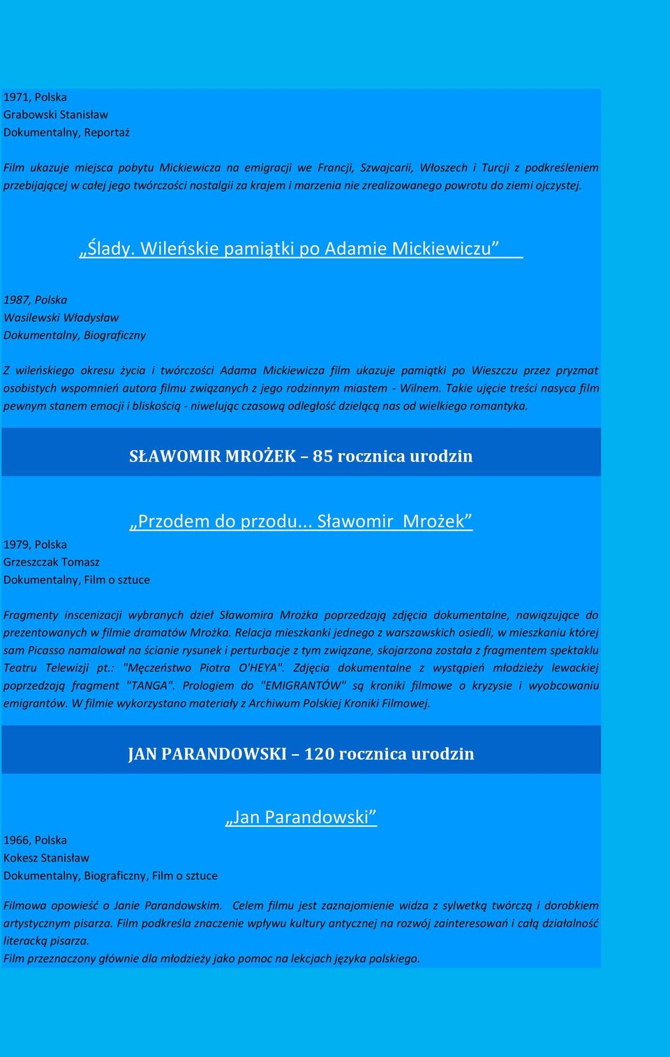 Wileńskie pamiątki po Adamie Mickiewiczu 1987, Polska Wasilewski Władysław Dokumentalny, Biograficzny Z wileńskiego okresu życia i twórczości Adama Mickiewicza film ukazuje pamiątki po Wieszczu przez