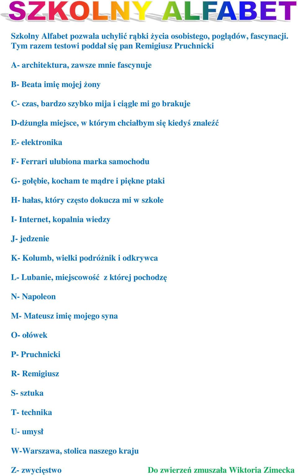 w którym chciałbym się kiedyś znaleźć E- elektronika F- Ferrari ulubiona marka samochodu G- gołębie, kocham te mądre i piękne ptaki H- hałas, który często dokucza mi w szkole I- Internet,