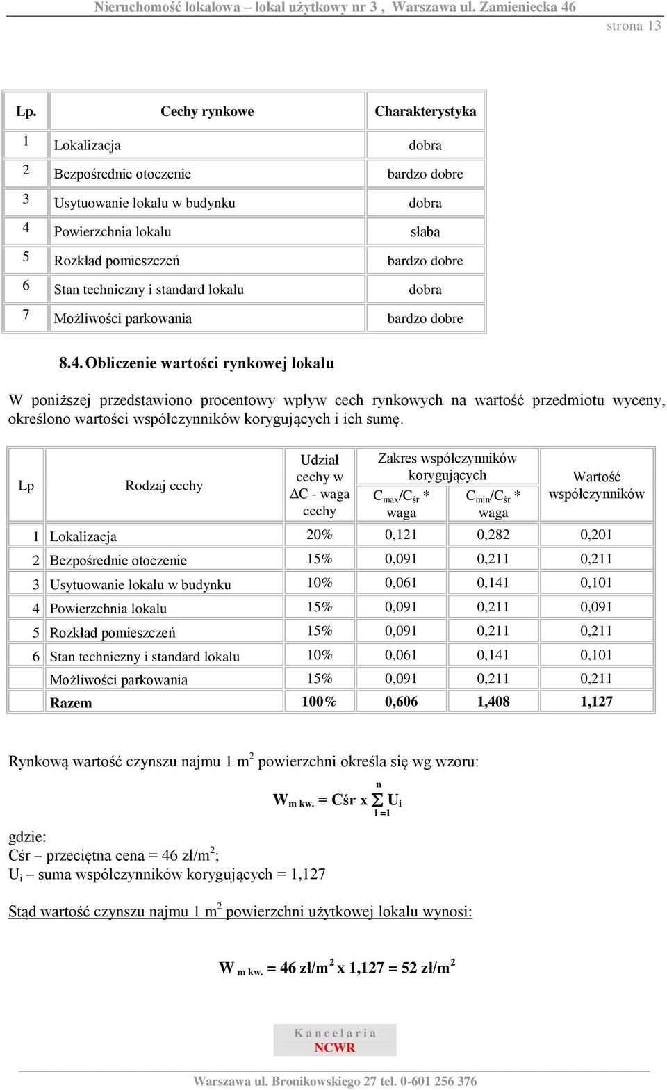 techniczny i standard lokalu dobra 7 Możliwości parkowania bardzo dobre 8.4.