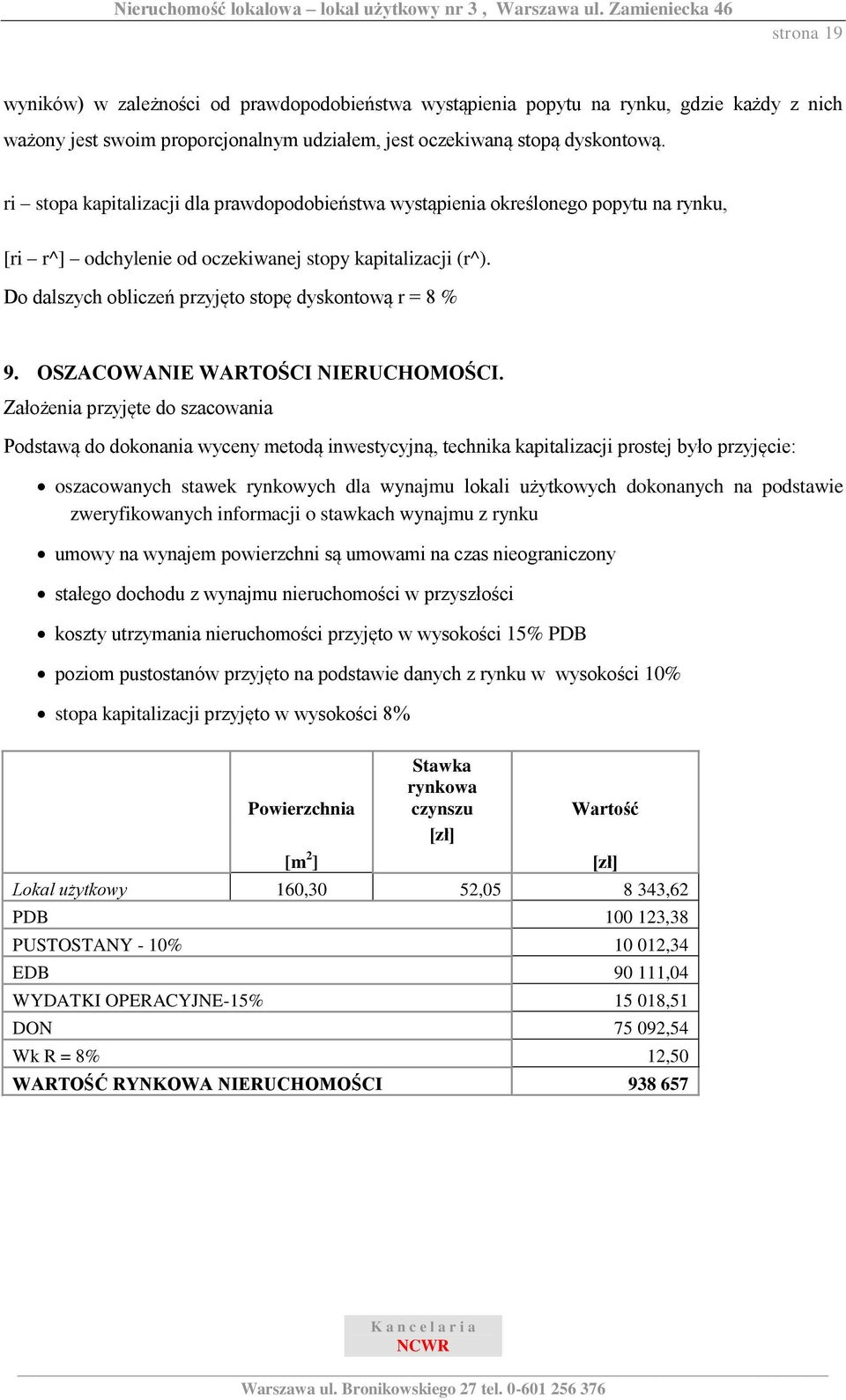 Do dalszych obliczeń przyjęto stopę dyskontową r = 8 % 9. OSZACOWANIE WARTOŚCI NIERUCHOMOŚCI.