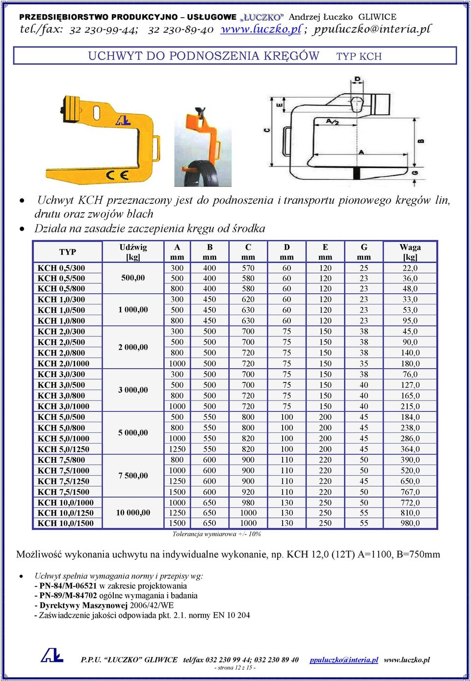 Udźwig A B C D E G Waga [kg] [kg] KCH 0,5/300 300 400 570 60 120 25 22,0 KCH 0,5/500 500,00 500 400 580 60 120 23 36,0 KCH 0,5/800 800 400 580 60 120 23 48,0 KCH 1,0/300 300 450 620 60 120 23 33,0