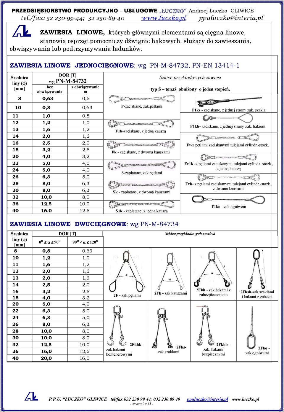 ZAWIESIA LINOWE JEDNOCIĘGNOWE: wg PN-M-84732, PN-EN 13414-1 Średnica liny (ϕ) [] wg PN-M-84732 bez obwiązywania z obwiązywanie m 8 0,63 0,50 10 0,80 0,63 F-zaciskane, zak.