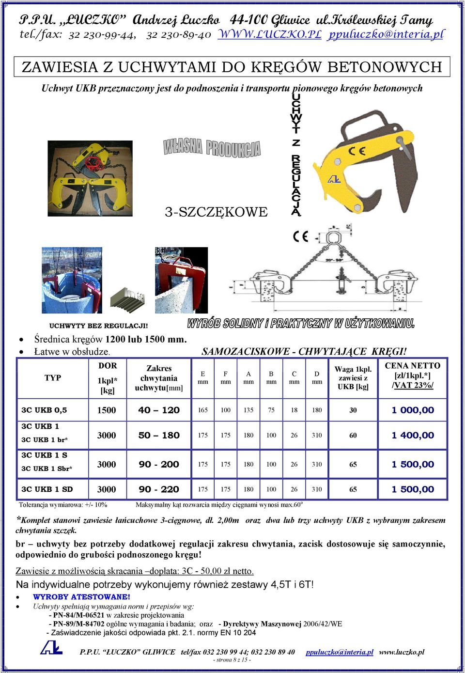 Łatwe w obsłudze. TYP DOR 1kpl* [kg] Zakres chwytania uchwytu[] SAMOZACISKOWE - CHWYTAJĄCE KRĘGI! E F A B C D Waga 1kpl. zawiesi z UKB [kg] CENA NETTO [zł/1kpl.