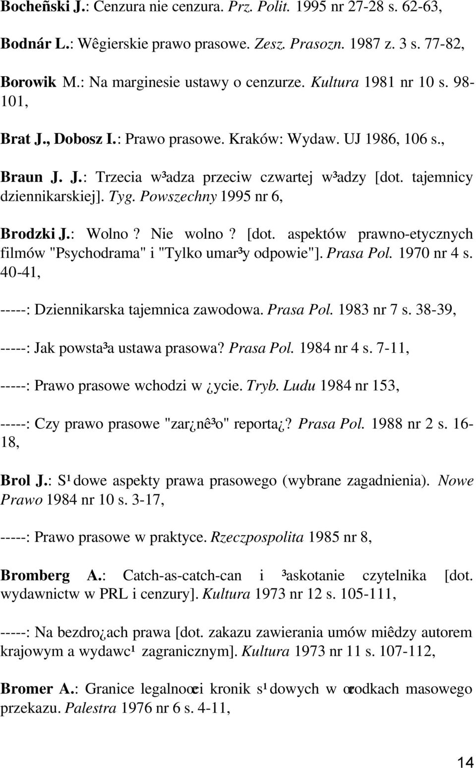 Powszechny 1995 nr 6, Brodzki J.: Wolno? Nie wolno? [dot. aspektów prawno-etycznych filmów "Psychodrama" i "Tylko umar³y odpowie"]. Prasa Pol. 1970 nr 4 s.