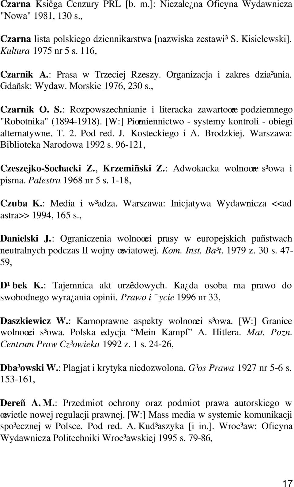 [W:] Piœmiennictwo - systemy kontroli - obiegi alternatywne. T. 2. Pod red. J. Kosteckiego i A. Brodzkiej. Warszawa: Biblioteka Narodowa 1992 s. 96-121, Czeszejko-Sochacki Z., Krzemiñski Z.