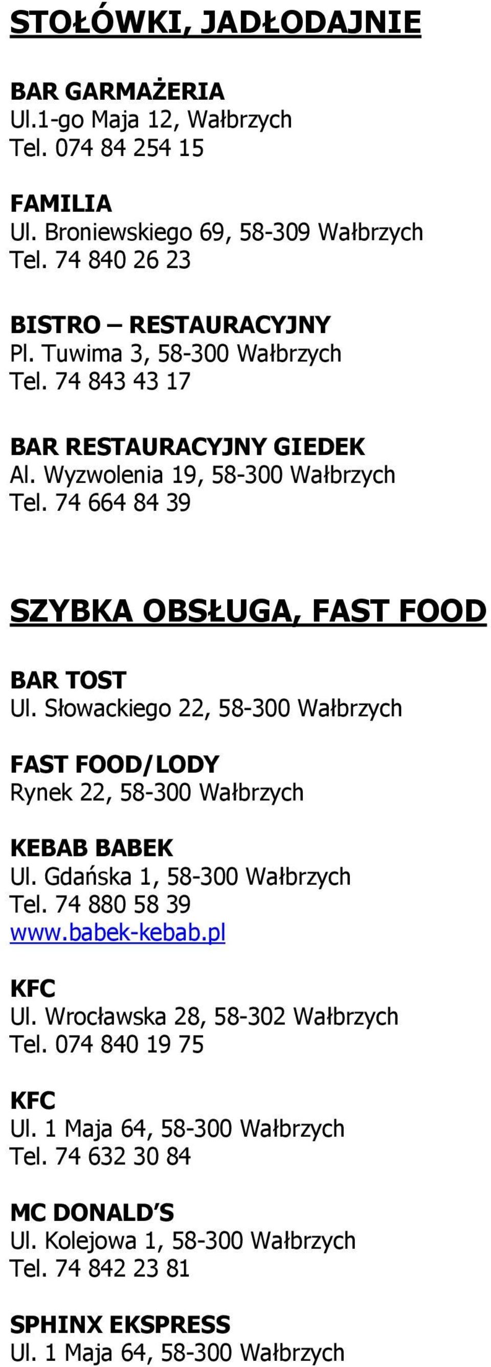 74 664 84 39 SZYBKA OBSŁUGA, FAST FOOD BAR TOST Ul. Słowackiego 22, FAST FOOD/LODY Rynek 22, KEBAB BABEK Ul. Gdańska 1, Tel.