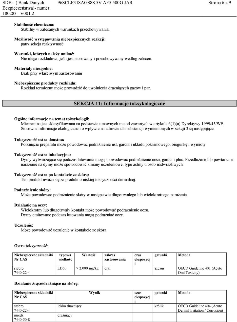 Materiały niezgodne: Brak przy właściwym zastosowaniu Niebezpieczne produkty rozkładu: Rozkład termiczny może prowadzić do uwolnienia drażniących gazów i par.