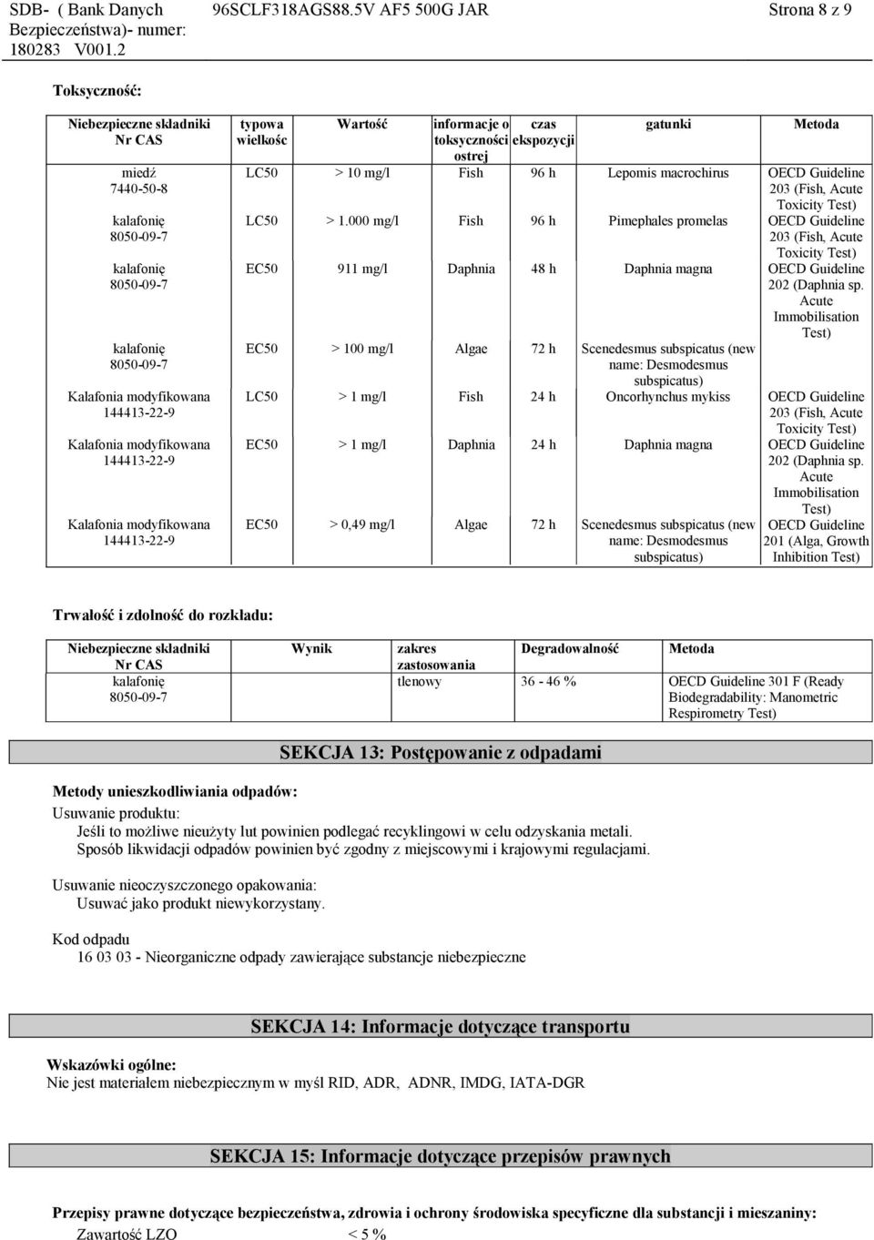 (Fish, Acute Toxicity Test) LC50 > 1.000 mg/l Fish 96 h Pimephales promelas OECD Guideline 203 (Fish, Acute Toxicity Test) EC50 911 mg/l Daphnia 48 h Daphnia magna OECD Guideline 202 (Daphnia sp.