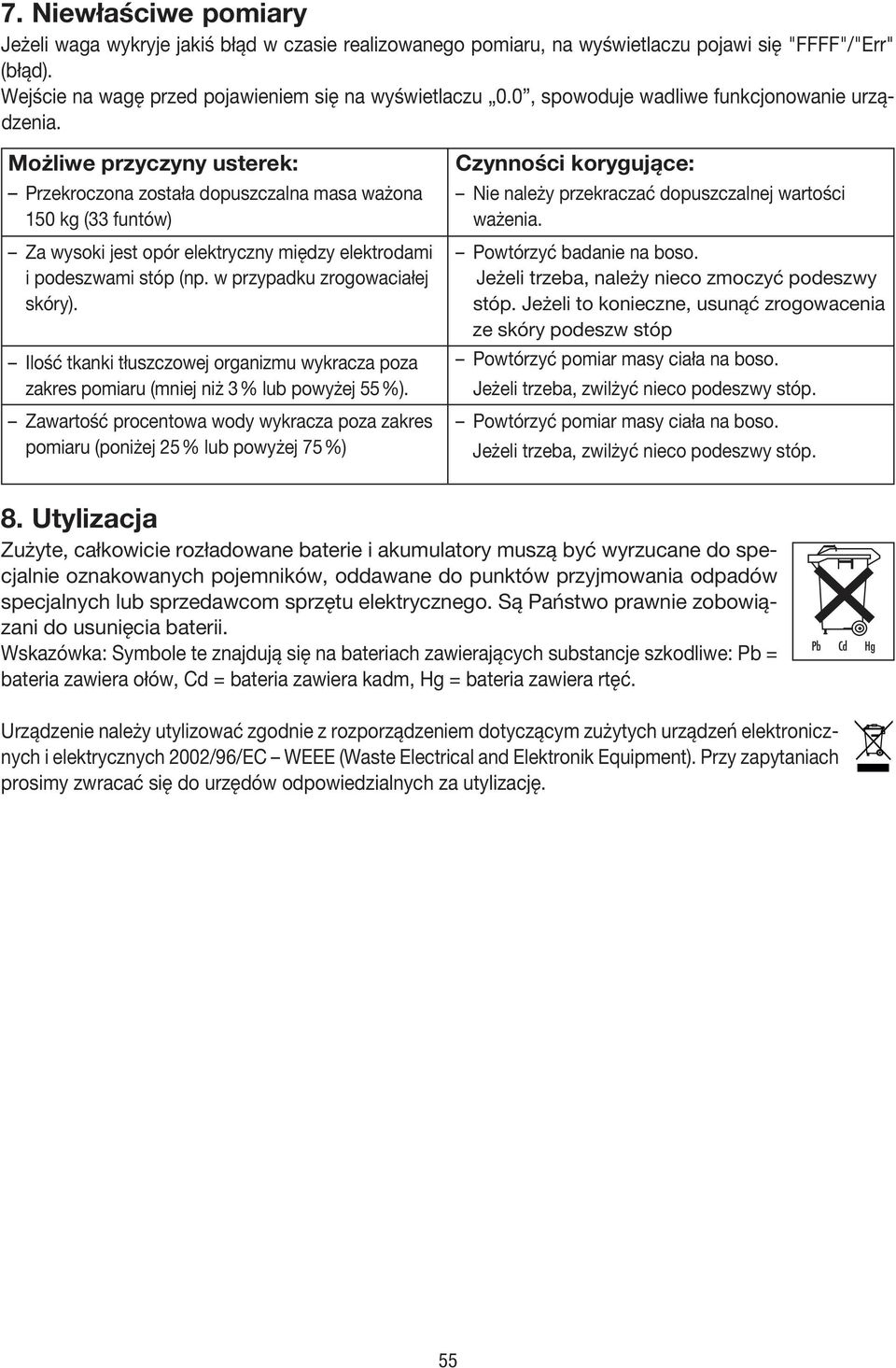 zakres pomiaru (mniej niż 3 % lub powyżej 55 %). pomiaru (poniżej 25 % lub powyżej 75 %) Czynności korygujące: ważenia. J ze skóry podeszw stóp 8.