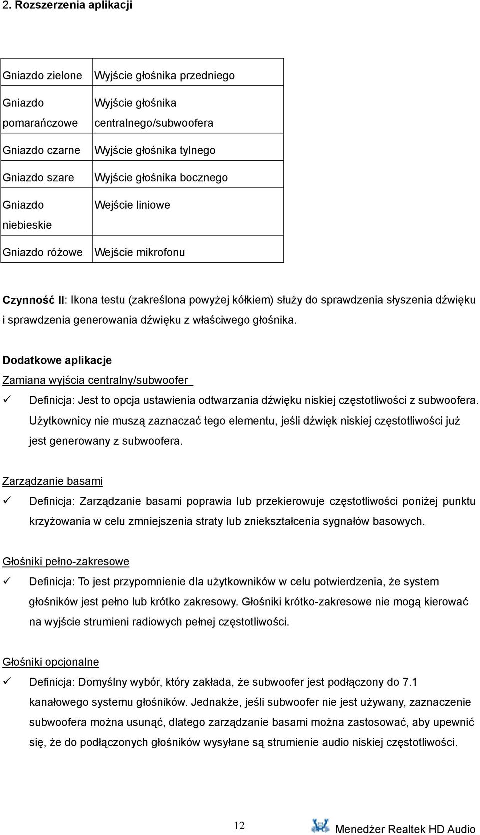 generowania dźwięku z właściwego głośnika. Dodatkowe aplikacje Zamiana wyjścia centralny/subwoofer Definicja: Jest to opcja ustawienia odtwarzania dźwięku niskiej częstotliwości z subwoofera.