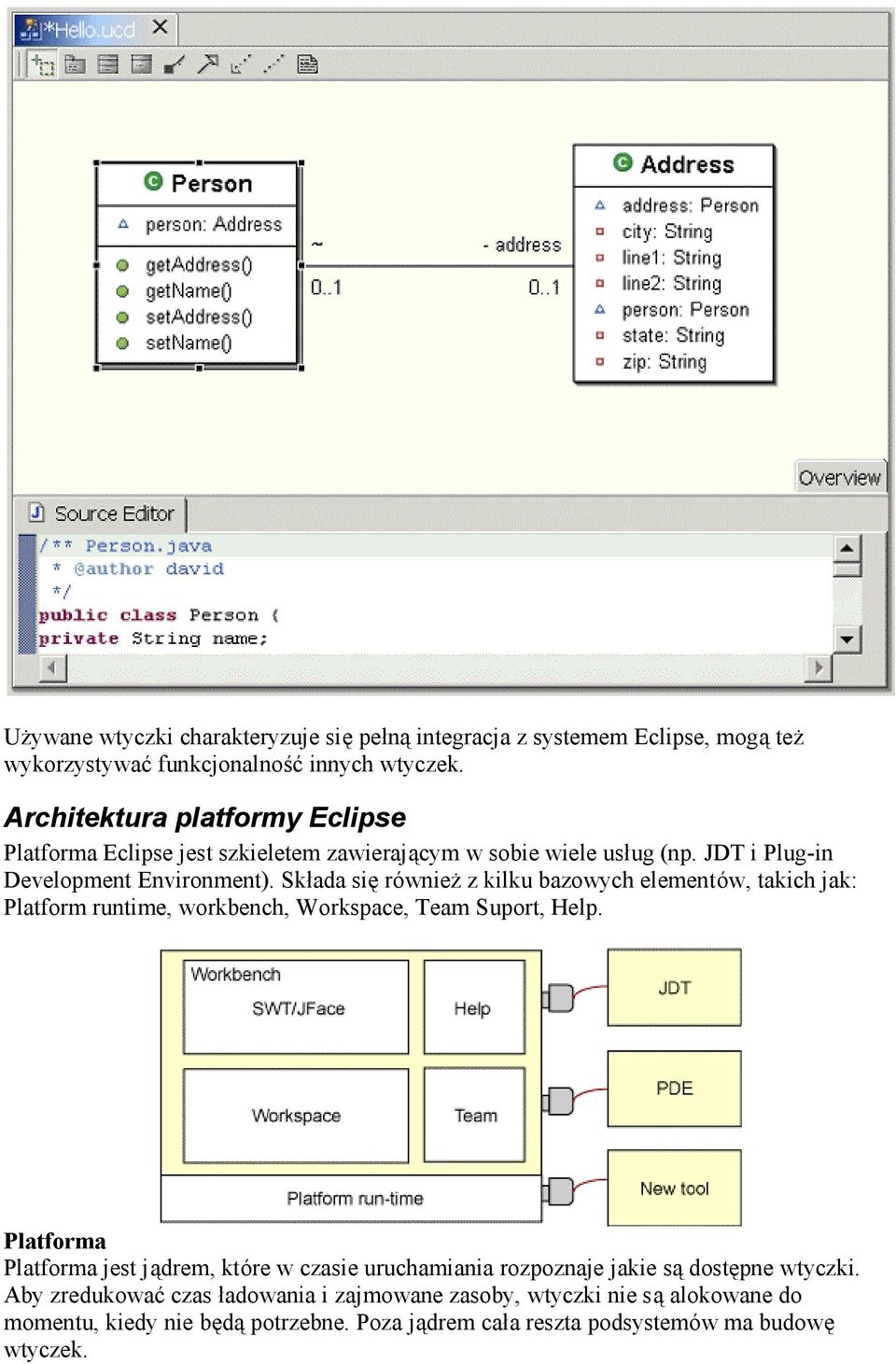 Skęada sie ro wniez z kilku bazowych elemento w, takich jak: Platform runtime, workbench, Workspace, Team Suport, Help.