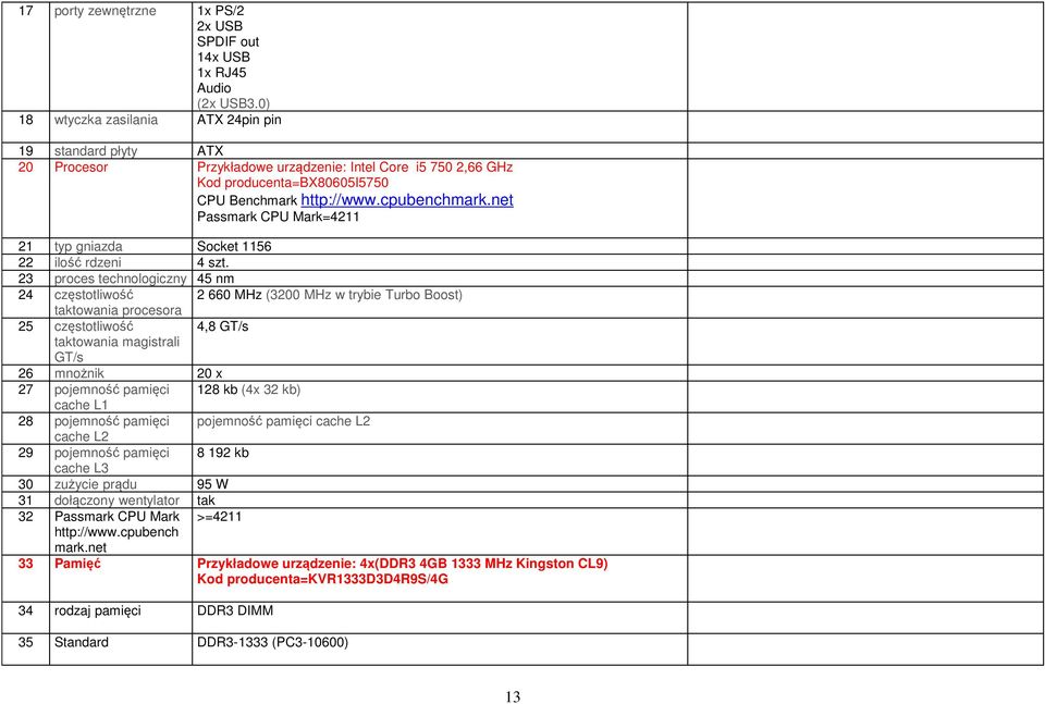net Passmark CPU Mark=4211 21 typ gniazda Socket 1156 22 ilość rdzeni 4 szt.