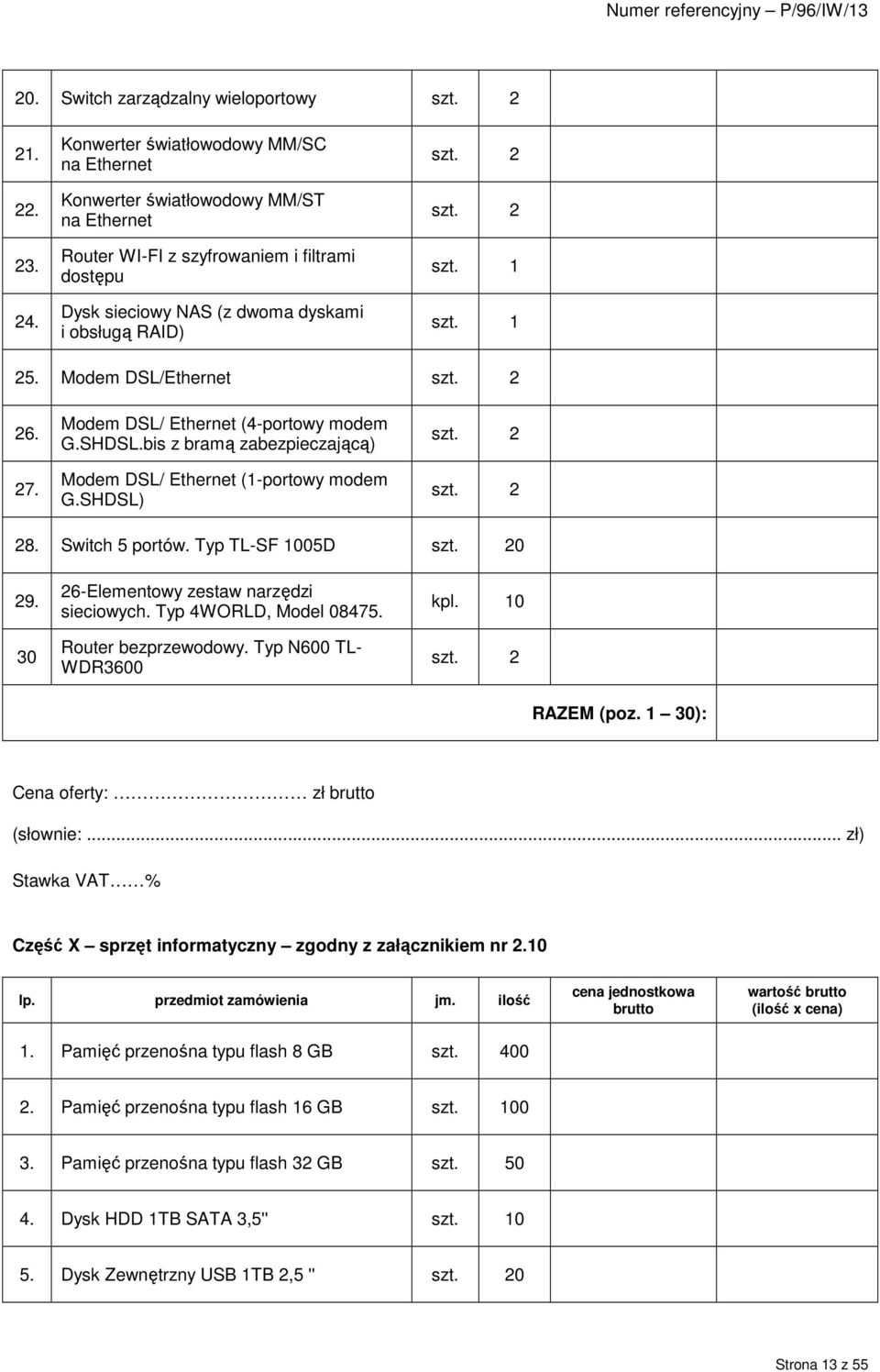 1 25. Modem DSL/Ethernet szt. 2 26. 27. Modem DSL/ Ethernet (4-portowy modem G.SHDSL.bis z bramą zabezpieczającą) Modem DSL/ Ethernet (1-portowy modem G.SHDSL) szt. 2 szt. 2 28. Switch 5 portów.