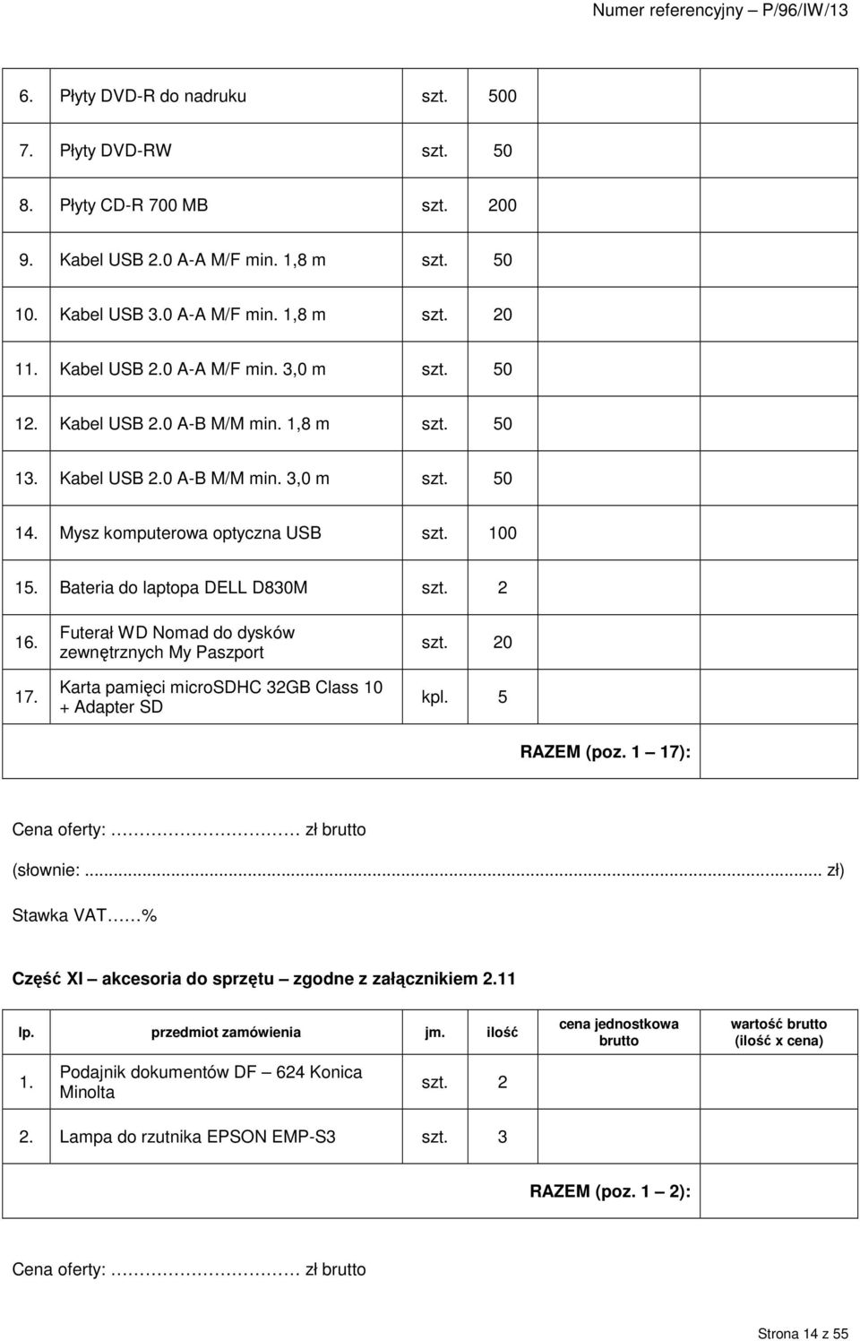 Futerał WD Nomad do dysków zewnętrznych My Paszport Karta pamięci microsdhc 32GB Class 10 + Adapter SD szt. 20 kpl. 5 RAZEM (poz. 1 17): Cena oferty: zł brutto (słownie:.