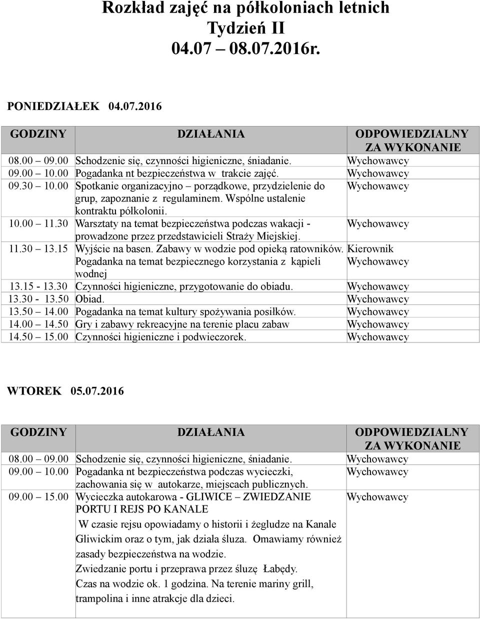 30 Warsztaty na temat bezpieczeństwa podczas wakacji - prowadzone przez przedstawicieli Straży Miejskiej. 11.30 13.15 Wyjście na basen. Zabawy w wodzie pod opieką ratowników.