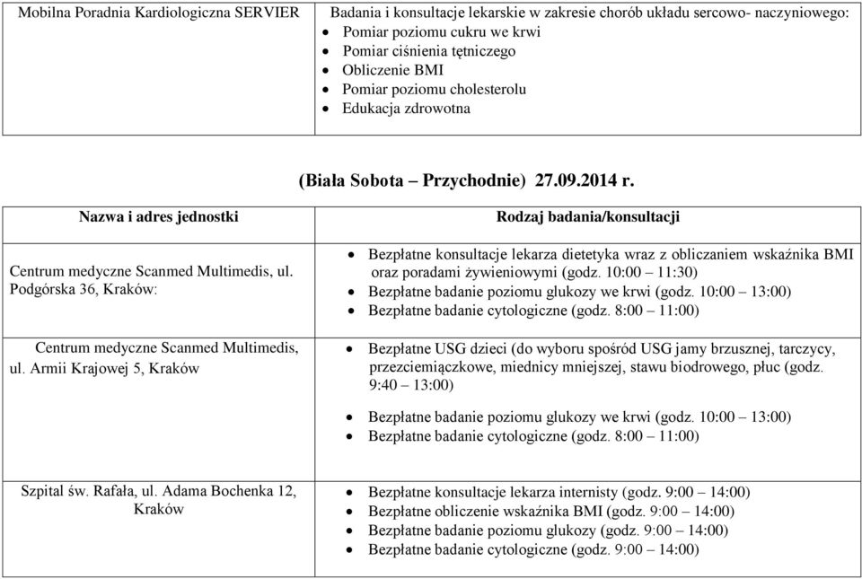 Armii Krajowej 5, Kraków Rodzaj badania/konsultacji Bezpłatne konsultacje lekarza dietetyka wraz z obliczaniem wskaźnika BMI oraz poradami żywieniowymi (godz.