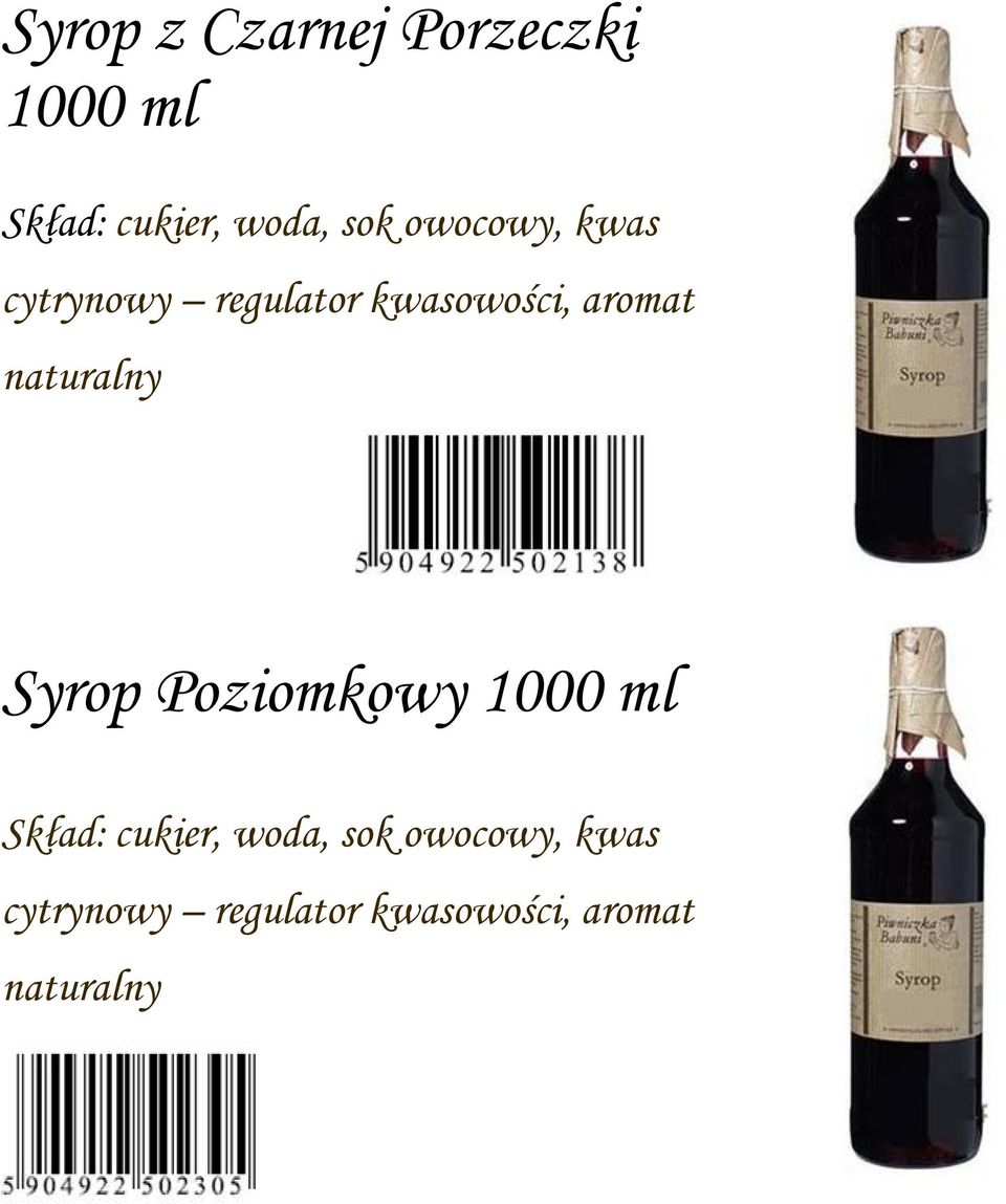 naturalny Syrop Poziomkowy 1000 ml Skład: cukier, woda,