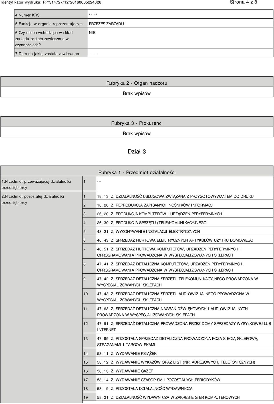 Przedmiot pozostałej działalności przedsiębiorcy 1 --- 1 18, 13, Z, DZIAŁALNOŚĆ USŁUGOWA ZWIĄZANA Z PRZYGOTOWYWAM DO DRUKU 2 18, 20, Z, REPRODUKCJA ZAPISANYCH NOŚNIKÓW INFORMACJI 3 26, 20, Z,